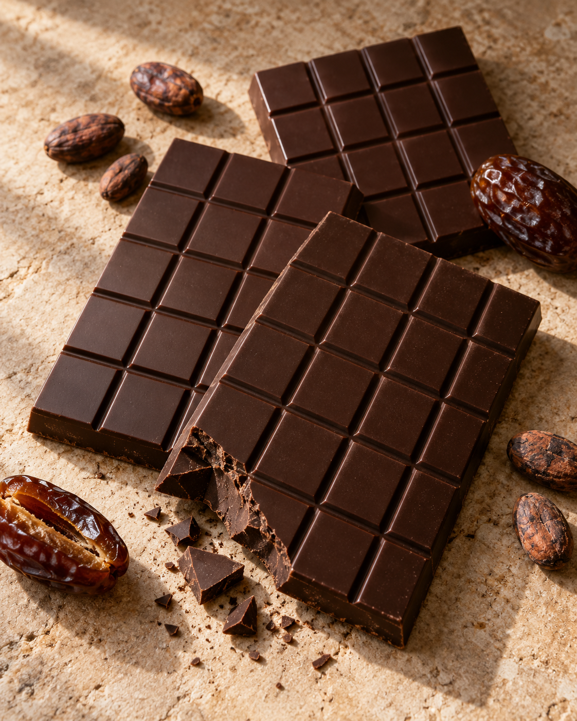 Editorial image of dark chocolate bars with cocoa beans and dates